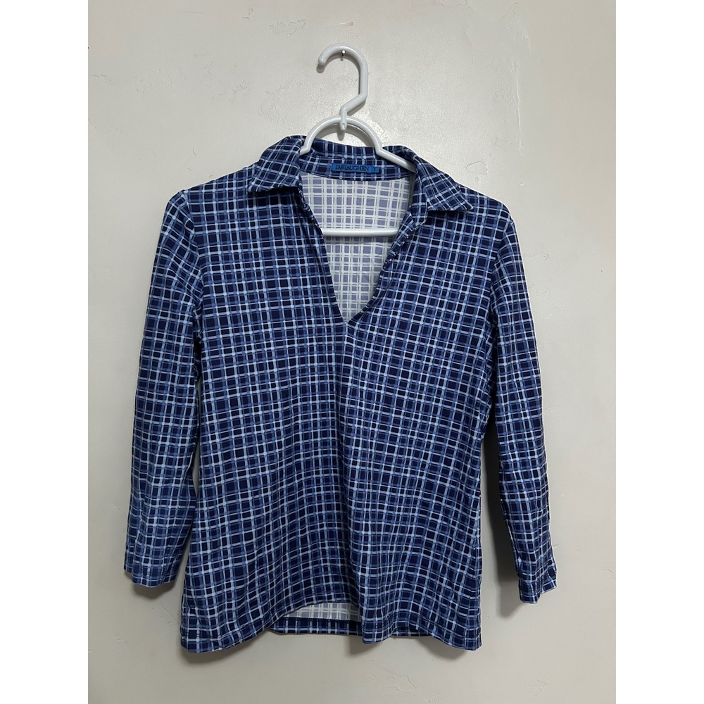 J.McLaughlin Navy Blue White Grid Check V-Neck Collared Top Small Stretch Nylon